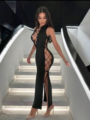 Sxy Vestido De Mujer Sexy Sin Mangas Con Correas Cruzadas, Diseño Ahuecado, Abertura Alta  TALLA: S