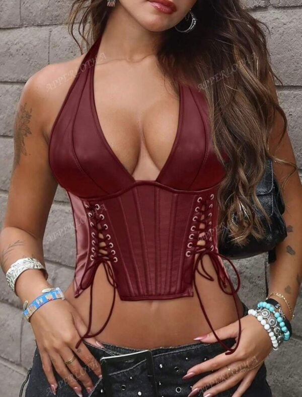 Top corto con corpiño tipo corsé, cuello en V, con abertura, ojales y cordones, espalda descubierta, atuendo de fiesta y club  TALLA: S