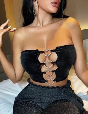 Sxy Top corto tubo con corazón con diamante de imitación de terciopelo  TALLA: M