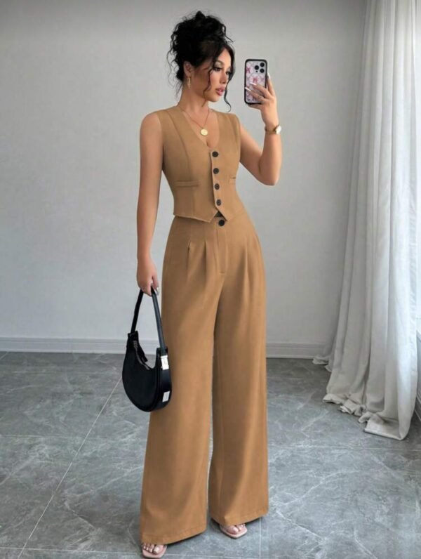 Elenzga Conjunto de chaleco de mujer con solapa y pantalón de pierna ancha, elegante traje de oficina TALLA: S
