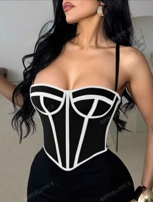 Top de corsé sexy con huesos para mujer, con malla, ojetes y cordones en la espalda, tirantes ajustables, busto pronunciado, top corto moldeador, atuendos para festivales, fiestas, Navidad y disfraces de Halloween  TALLA: M
