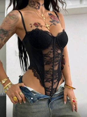 Coolane Conjunto de verano estilo festival para mujer, traje ajustado de encaje negro sexy  TALLA: S