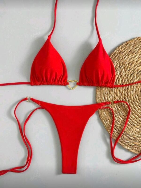 Conjunto de bikini brasileño sexy de unicolor con sostén push-up y decoración metálica, nueva llegada europea y americana para 2025   TALLA: M