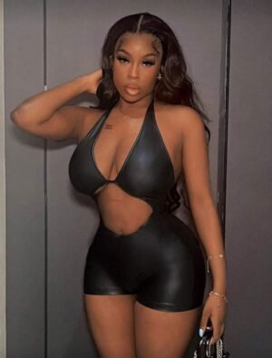 Mono negro ajustado y sexy de PU con alta elasticidad y escote bajo para mujer, apto para festivales de música, rave, estilo callejero y casual  TALLA: S