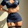 Conjunto de 6 piezas de disfraz sexy para fiesta: Top corto + Tanga + Falda liguero + Cinturón + 2 pares de medias de red, Rave  TALLA: S
