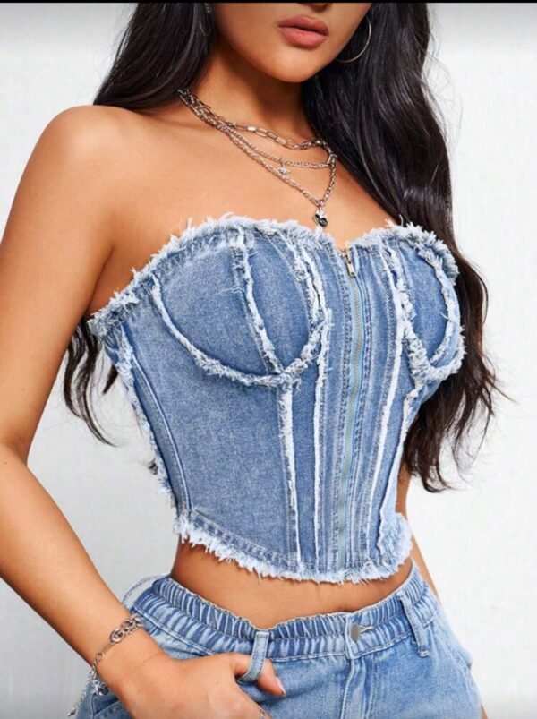 Blusa de mezclilla con cierre frontal y dobladillo deshilachado para mujer, uso casual de todos los días   TALLA: S