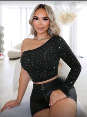 SXY Ropa De Mujer De Primavera Que Brilla En La Oscuridad Con Un Solo Hombro Con Diamantes De Imitación Y Mangas Largas Ajustadas  TALLA: S