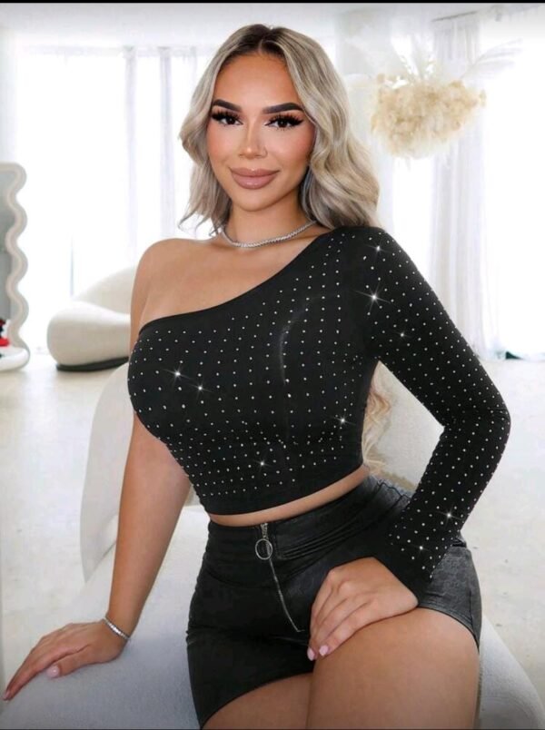 SXY Ropa De Mujer De Primavera Que Brilla En La Oscuridad Con Un Solo Hombro Con Diamantes De Imitación Y Mangas Largas Ajustadas  TALLA: S