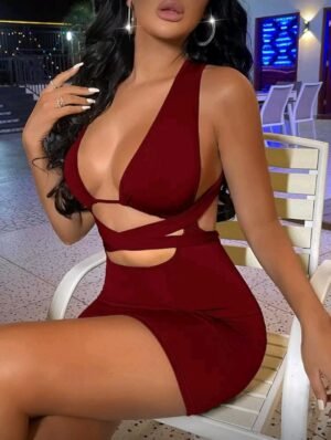 SXY Vestido ajustado con tira cruzada con cordón trasero de cuello profundo   TALLA: S