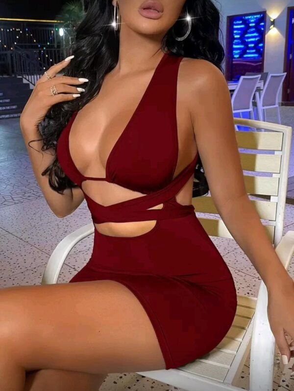 SXY Vestido ajustado con tira cruzada con cordón trasero de cuello profundo   TALLA: S