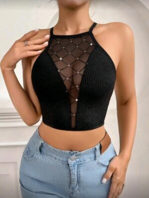 Sujetador transparente sexy de malla con diseño de espalda cruzada y patrón afielpad para mujeres   TALLA: S