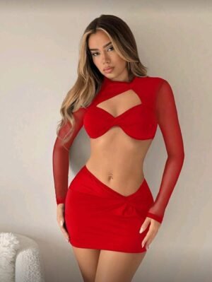 Set de 2 piezas para mujer blusa de manga larga con parches de malla minimalista y hueca, y falda   TALLA: S