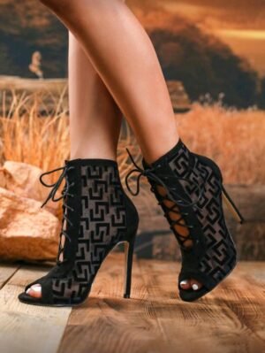 Botas sandalias de tacón alto delgado de 12 cm con punta abierta, de red de pescar, de moda sexy, versátiles y con cordones, para otoño/invierno 2025