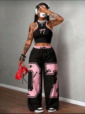 Set de 2 piezas de mujer con camiseta ajustada casual y pantalones sueltos, adecuado para la calle, con estampado de dígito 07 y lazo, apto para juegos de pelota    TALLA: S