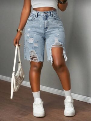 Nuevos shorts vaqueros de mujer de cintura baja, sueltos y rotos con 5 bolsillos, pantalones cortos Bermuda con decoración de diamantes  TALLA: 28