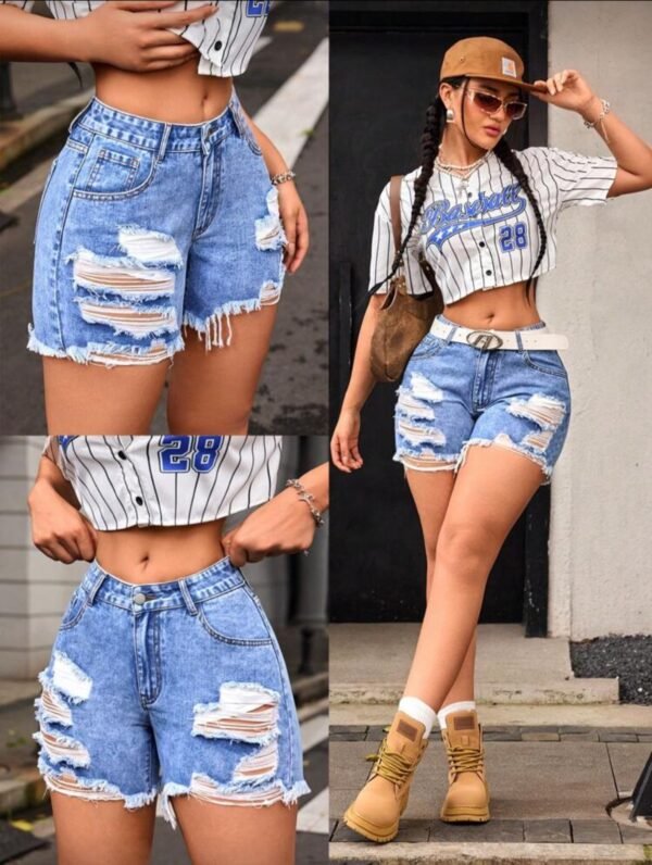 Shorts casuales de mezclilla para mujeres con dobladillo de flecos desgastados y bolsillos    TALLA: 28