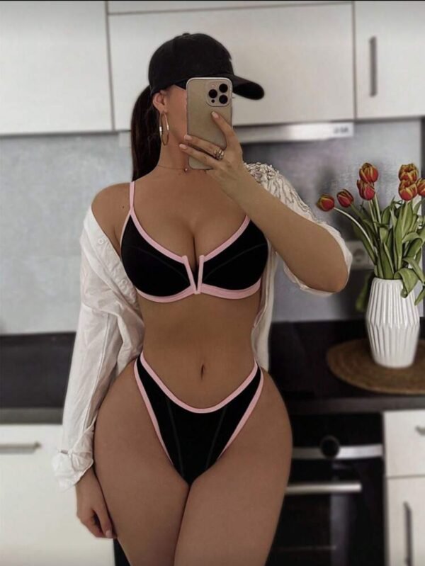 SXY Conjunto de tankini con bloqueo de colores y escote en V con recortes para mujer, traje de baño de estilo europeo sexy   TALLA: M