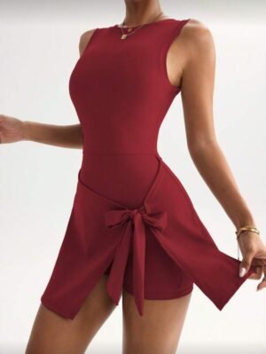 Vestido de verano elegante, sin mangas con lazo en la cintura, con aumento de busto para yoga/entrenamientos, detalle de lazo en el frente + abertura en la espalda, raja que alarga las piernas, cintura de corsé, sofisticado de oficina a gimnasio, cinturón ajustable con short incorporado, dardos que dan contorno al busto, tela con estiramiento en 4 direcciones, panel trasero ventilado, vestido retro de fitness para mujeres    TALLA: S