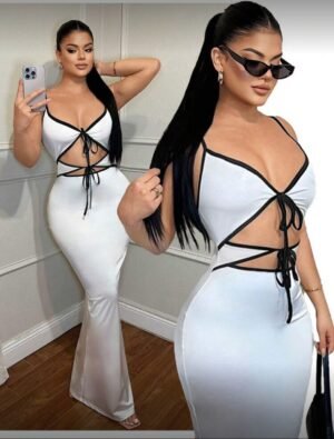 Vestido largo de cola de pez con elegante y sexy contraste de ribetes en blanco y negro   TALLA: S