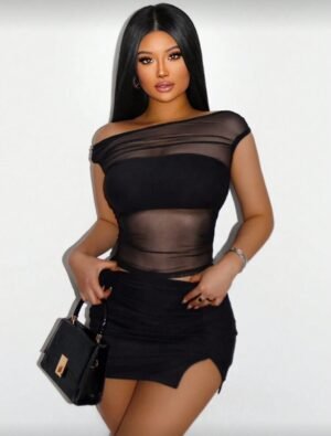 sexy de 2 piezas con top corto de malla y mini falda de unicolor para mujer   TALLA: S