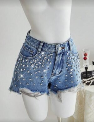Pantalones cortos vaqueros desgastados para mujer, diseño ajustado casual, azul   TALLA: S