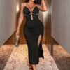 Allurite Vestido maxi de mujer con aberturas, diseño calado y brillos con tirantes sexy  Talla: S