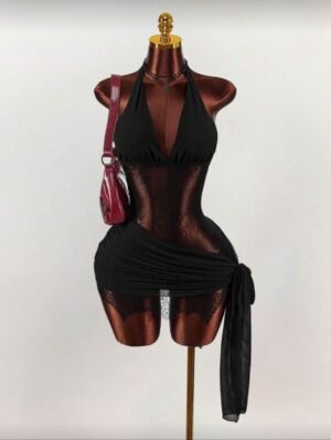 Amplova Vestido mini de mujer de encaje y tul, adecuado para fiestas y banquetes, con dobladillo envolvente y con volantes, cuello en pico con contraste de encaje de malla  Talla: XS