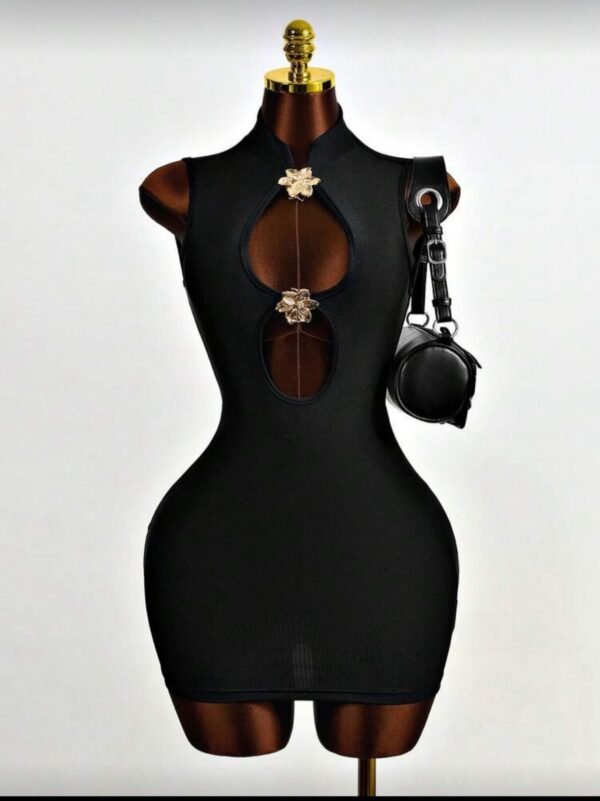 Mistrie Vestido metálico con decoración de flor hueca y espalda descubierta de moda y sexy para mujer. Talla: S