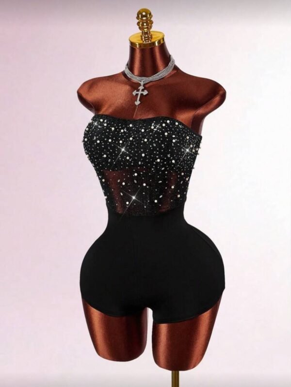 Amplova Mono corto ajustado con escote bajo, transparente, con lentejuelas y cuentas para fiesta  TAlla: XS