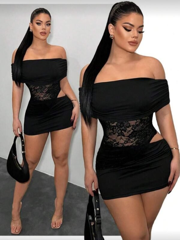 Conjunto de top con hombros descubiertos y encaje en contraste y minifalda ajustada para mujer Conjunto de top con hombros descubiertos y encaje en contraste y minifalda ajustada para mujer Talla: S